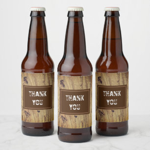 Tack Rustic Bröllop Guest Brown Woodgrain Ölflaska Etikett