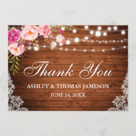 Tack, Rustic Bröllop Wood Rosa Blommigt Ljus Snöre Tack Kort