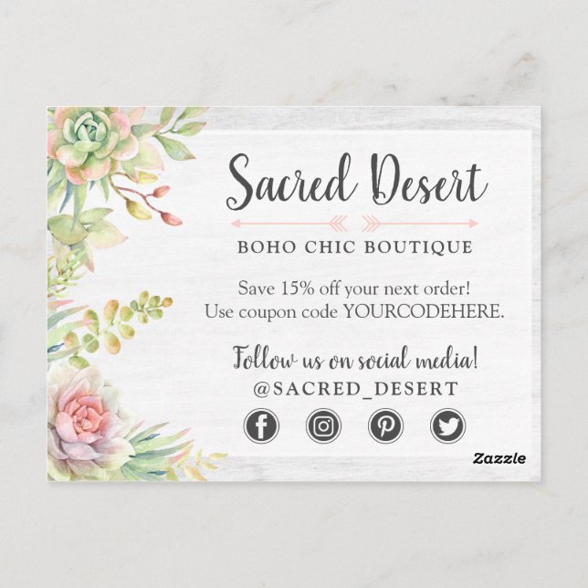 Tack Rustik Akvarell Sukkulent Öken Kaktusar Vykort (Baksida)