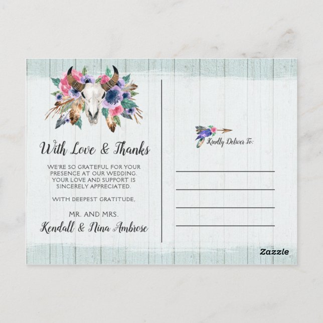 Tack Rustik Blommig Kowskalle Boho Chic Foto Vykort (Baksida)