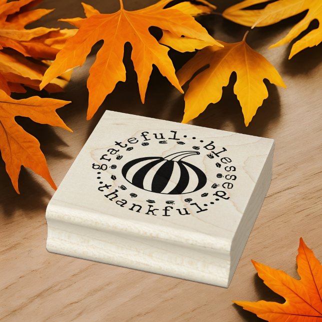 Tack så mycket, tack och lov, Pumpkin Fall Harvest Stämpel (Thanksgiving harvest striped pumpkin grateful thankful blessed wood rubber stamp fall gourd theme)