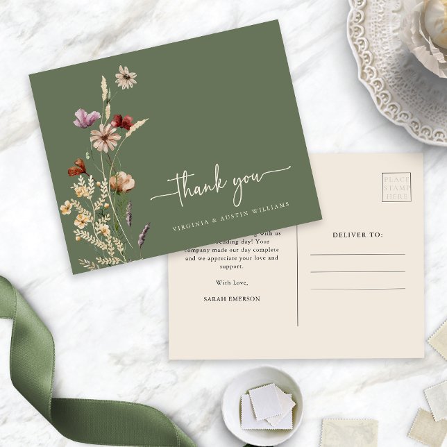 Tack Sage Blommig Postkort Vykort (Thank You Sage Green Floral Postcard by Painted Paperie
)