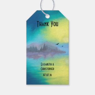 Tack Sceniskt bergsområde Sjö landskap Presentetikett