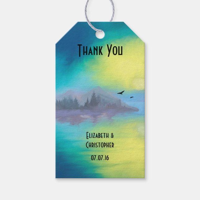 Tack Sceniskt bergsområde Sjö landskap Presentetikett (Framsidan)