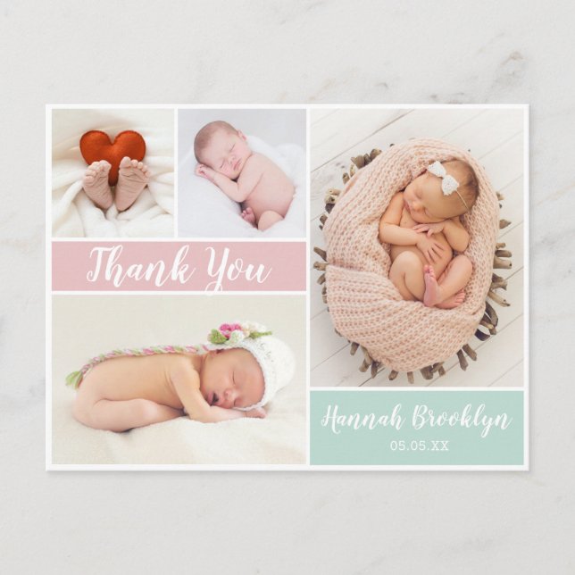 Tack Script 4 Photo Collage Birth Announcemen Meddelande Vykort (Framsida)