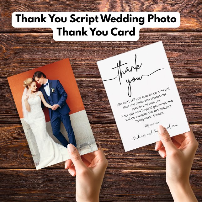 Tack Script Bröllop Photo Tackto You Card Kort (Thank You Script Wedding Photo Thank You Card)