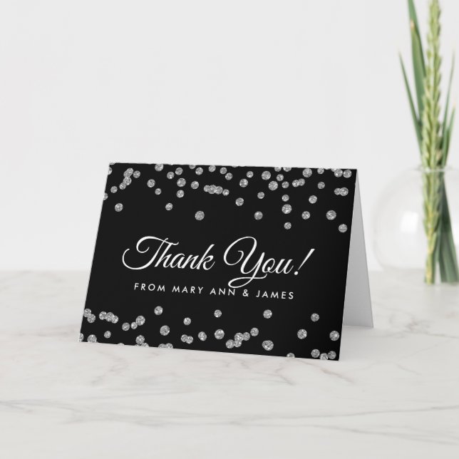 "Tack" Silver Faux Glitter Confetti Black Tack Kort (Framsida)