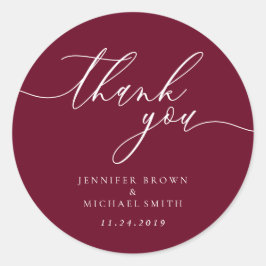 Tack skript burgunder enkla namn datum runt klistermärke