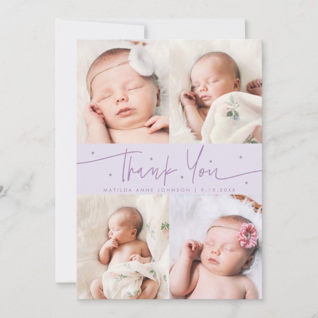 Tack Skript Stjärnor Lilafärgad Fotogaller Birth Meddelande (Framsida)