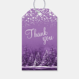Tack skript vit snö och lila träd konst presentetikett