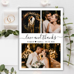 Tack-skriptkort för Bröllop-fotokollage<br><div class="desc">Budget, Modern, Elegant, Handskrift, Bröllop 3 Photo Collage Tack personlig till ett överkomligt pris med ett tunt kort med låg budget. Minimalistiskt tack för bröllop, med tre (3) foto på framsidan och ett (1) foto på baksidan. Med texten "Kärlek och tack" i ett snabbt, stavat skrivstil, med dekortecken i svart...</div>