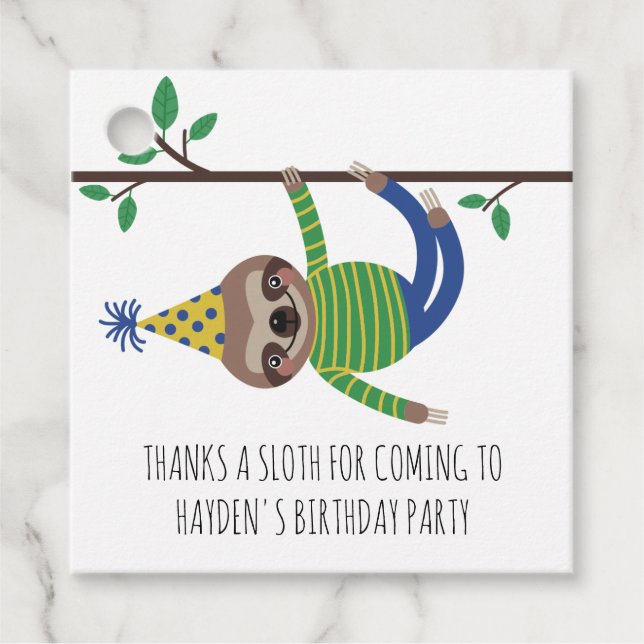 Tack, Sloth Barns födelsedag Party Gåvor Etiketter (Framsida)
