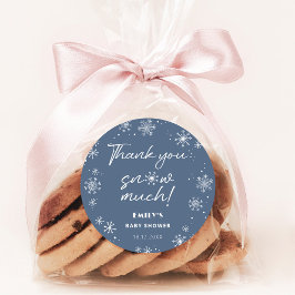 Tack snö mycket blå baby shower runt klistermärke