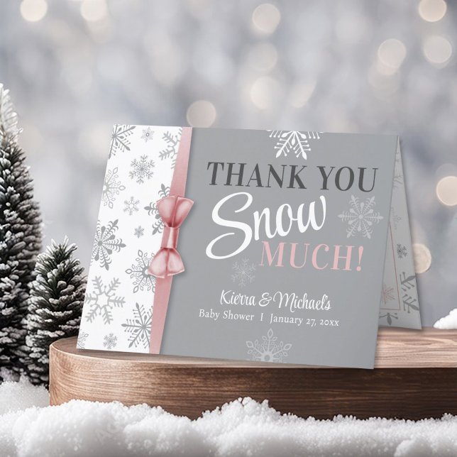 Tack SNÖ Mycket Rosa Snowflake Baby Shower (Thank you SNOW much! Winter wonderland Baby It's Cold Outside Snowflake theme baby girl shower card)