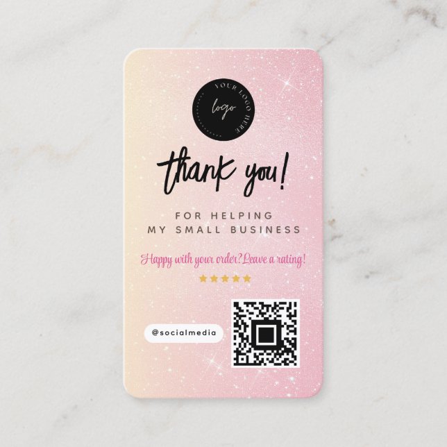 Tack Sociala Medier QR-kod & Logotyp Rosa Glitter Visitkort (Framsida)