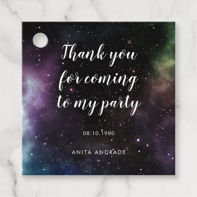 Tack som kommer till min Party Galaxy Birthday Spa Gåvor Etiketter (Framsida)