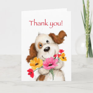 Tack, söt hund med en massa blommor. kort
