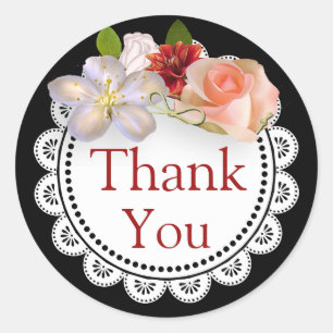 Tack Stickers Black and Coral Blommigt Bouquet Runt Klistermärke