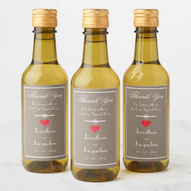 Tack Stone-Beige Rött Hjärta Vitt Script Mini Vinetikett (Flaskor)
