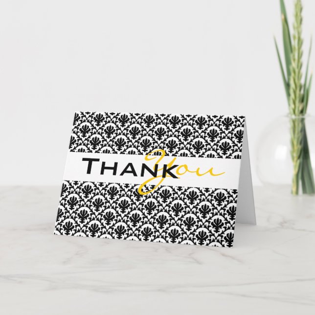 "tack" svart gul damask sömnadshandlingar bröllop tack kort (Framsida)