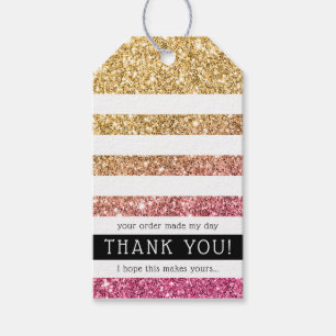 TACK TAG modern randig lyx guld rosa glitter Presentetikett