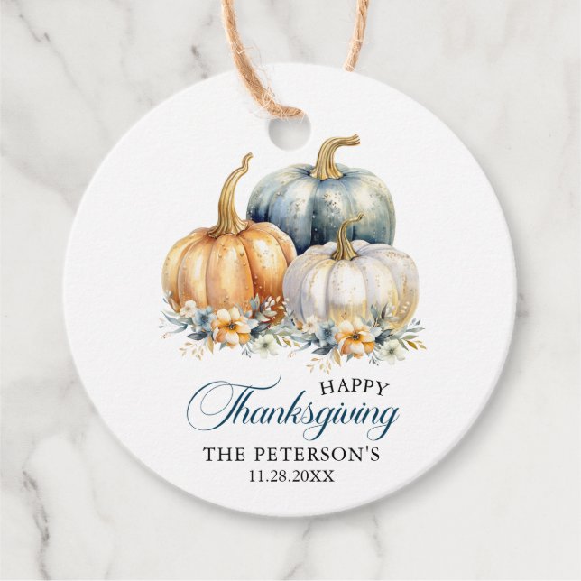Tack Thanksgiving Blue Orange Guld Pumpkins Gåvor Etiketter (Framsida)