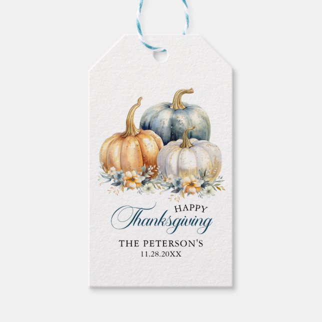 Tack Thanksgiving Blue Orange Guld Pumpkins Presentetikett (Framsidan)