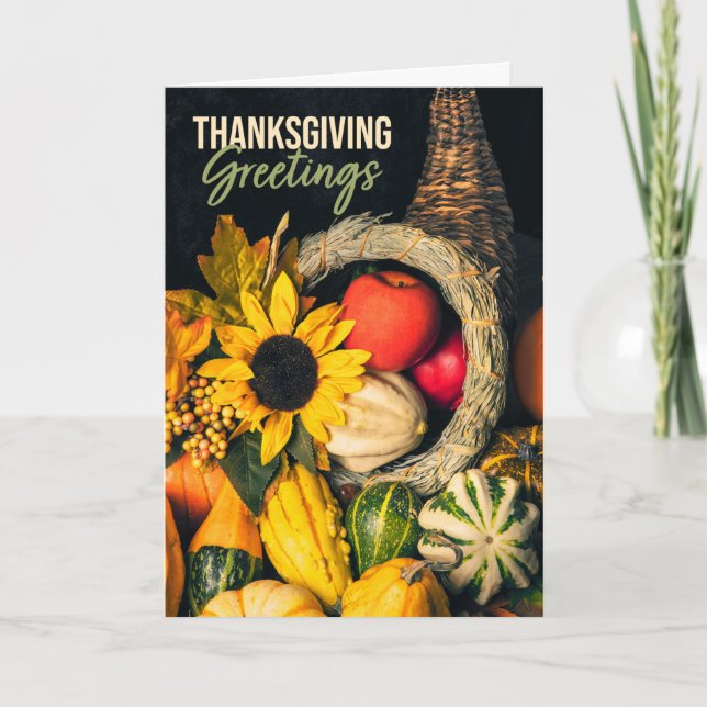 Tack till alla vackra överflödshorn för Thanksgivi Helgkort (Framsida)