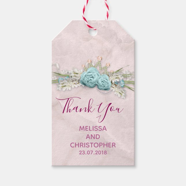 Tack till Blue Ro och Krona Blommigt Bouquet Bröll Presentetikett (Framsidan)
