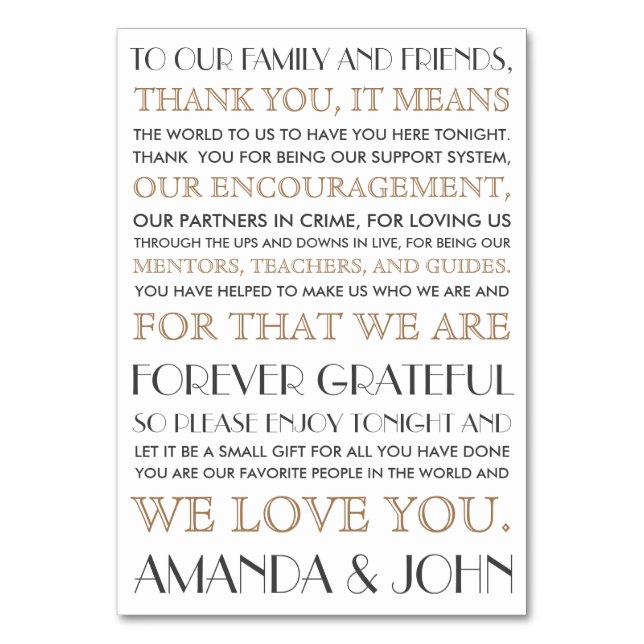 Tack till gästerna i bröllop bordsnummer (Framsidan)