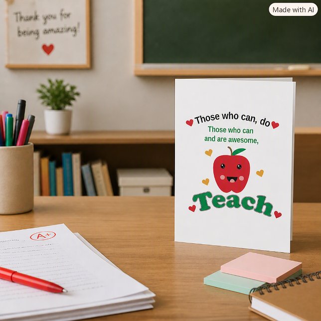 Tack till lärare för Kawaii Apple Kort (A greeting card with an apple & the text, "Those who can, do.  Those who can and are awesome, teach.)