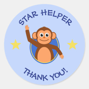 Tack till lärarhjälpen, blå apa runt klistermärke