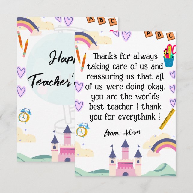 Tack till lärarkortet i lycklig (Fram/baksida)