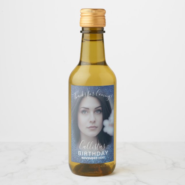 Tack till Navy Blue Glitter Ombre Photo Birthday Vinetikett (Framsida)