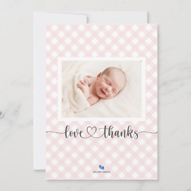 Tack till Rosa Gingham Birth Notification Photo Ca Meddelande (Baksida)