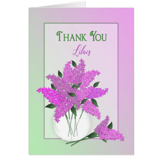 Tack tom insida, lilor i en vas hälsningskort (Framsidan)