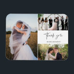 Tack Tre Photo Collage Bröllop Magnet<br><div class="desc">Den moderna svarta och vita designen i bröllop är ett tack för att du har magneter med tre av dina favoritfoton i bröllop. Visa din familj och dina vänner din uppskattning för att du är en del av din bröllop firande med en av dessa vackra keepsakes. Kontakta mig genom nedanstående...</div>