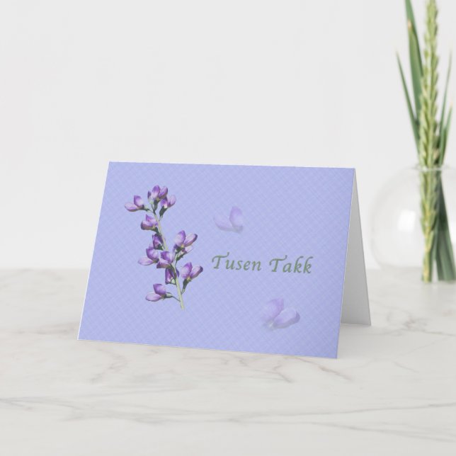 Tack, Tusen Takk, norska, Lila Sweet Pea Tack Kort (Framsida)