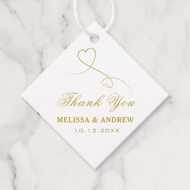 Tack | Två Guld Hearts | ELEGANT BRÖLLOP Gåvor Etiketter (Framsida)