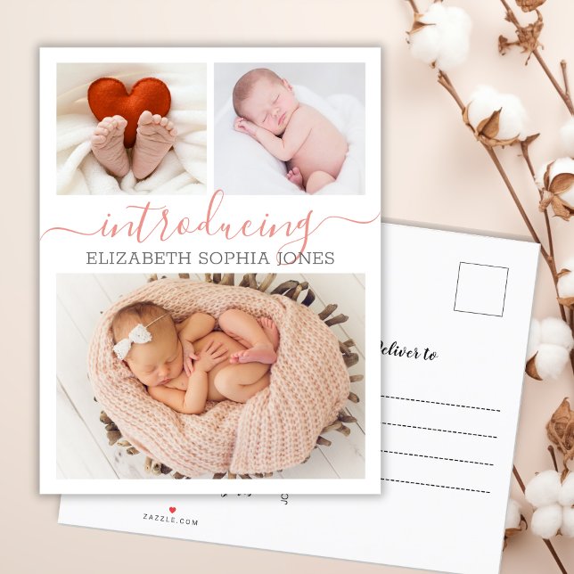 Tack typografi 3 Photo Collage Birth Meddelande Vykort (Skapare uppladdad)