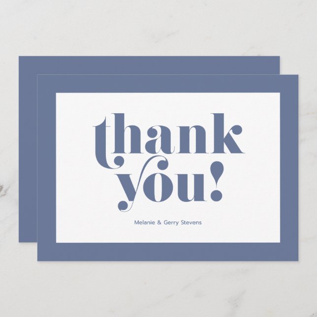 Tack, typografi, blå på vitt tack kort (Fram/baksida)