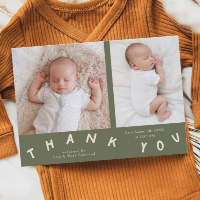 Tack Typografi Sage Grönt Birth Photo Meddelande (Skapare uppladdad)