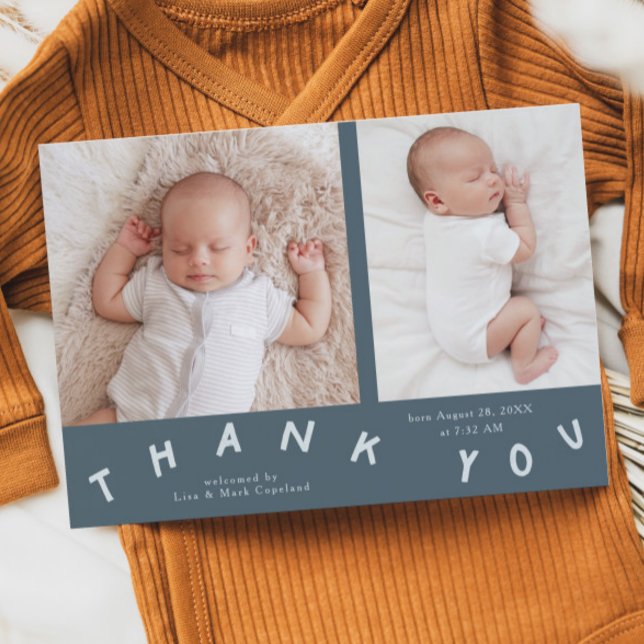 Tack Typografi - Slate Blue Birth Photo Meddelande (Skapare uppladdad)