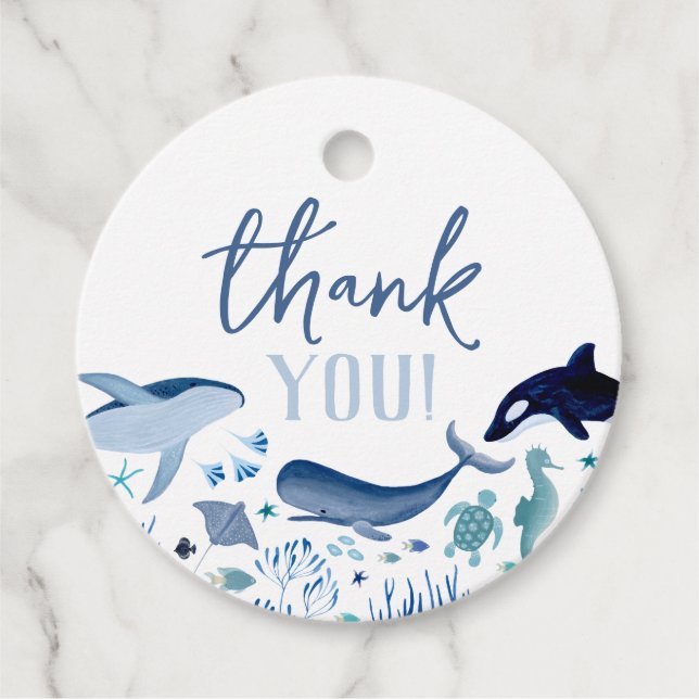 Tack under Sea Blue Boy Baby Shower Gåvor Etiketter (Framsida)