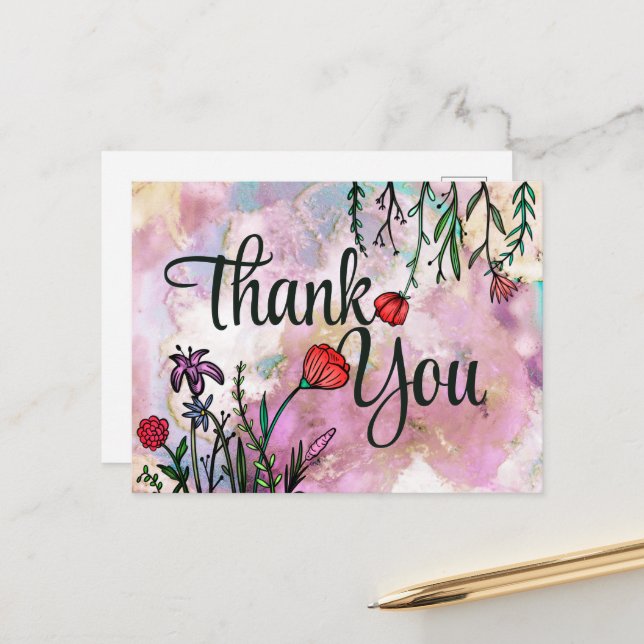 Tack Vacker Vildblomma Akvarell Marmorerad Moln Vykort (Fram/Back In Situ)