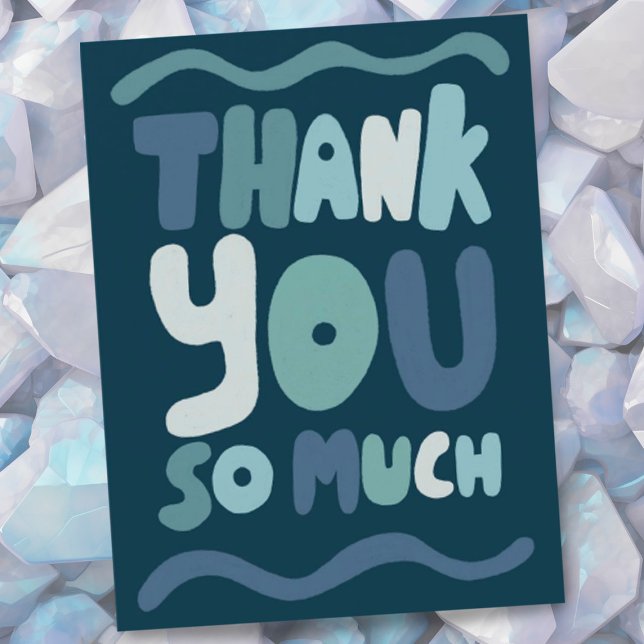 TACK VÄL Blå Färgrik Böjd Bubbelbokstäver  Vykort (Bubble letters thank you card in  blue. Add your own text to the back side of this postcard!)