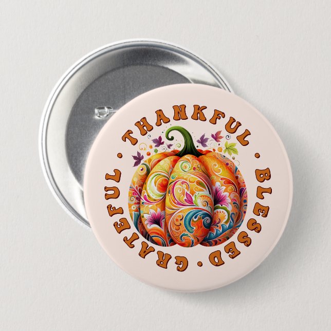 Tack, välsignad, tacksam Blommigt Pumpkin Knapp (Framsida & baksida)