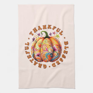Tack, välsignad, tacksam Blommigt Pumpkin Kökshandduk
