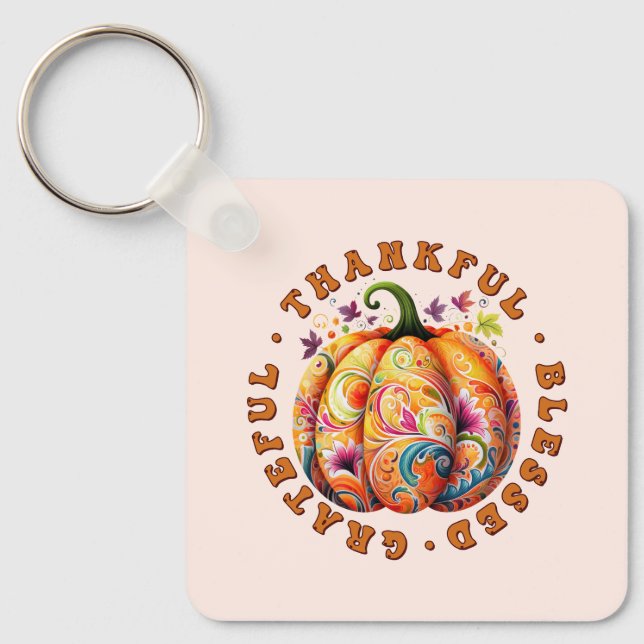 Tack, välsignad, tacksam Blommigt Pumpkin Nyckelring (Framsida)