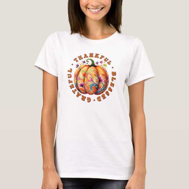 Tack, välsignad, tacksam Blommigt Pumpkin T Shirt (Framsida)